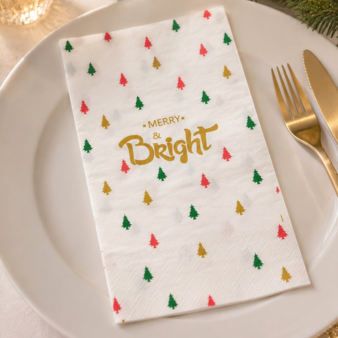 Napkin Makan Malam Pakai Cetakan Meriah & Cerah Emas untuk Tetapan Meja Pesta Xmas